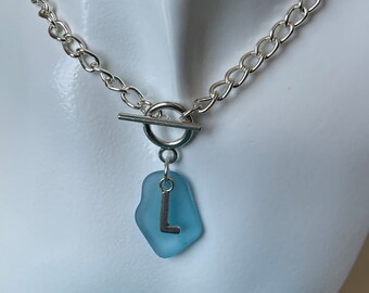 Personalized Sea glass toggle charm necklace, initial.Silver toggle with chunky chain. Single letter charm on green or aqua seaglass choke.