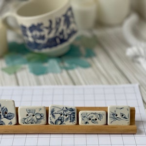 1 sea pottery inspired button, blue and white rescued transferware china, broken china.  Handmade buttons