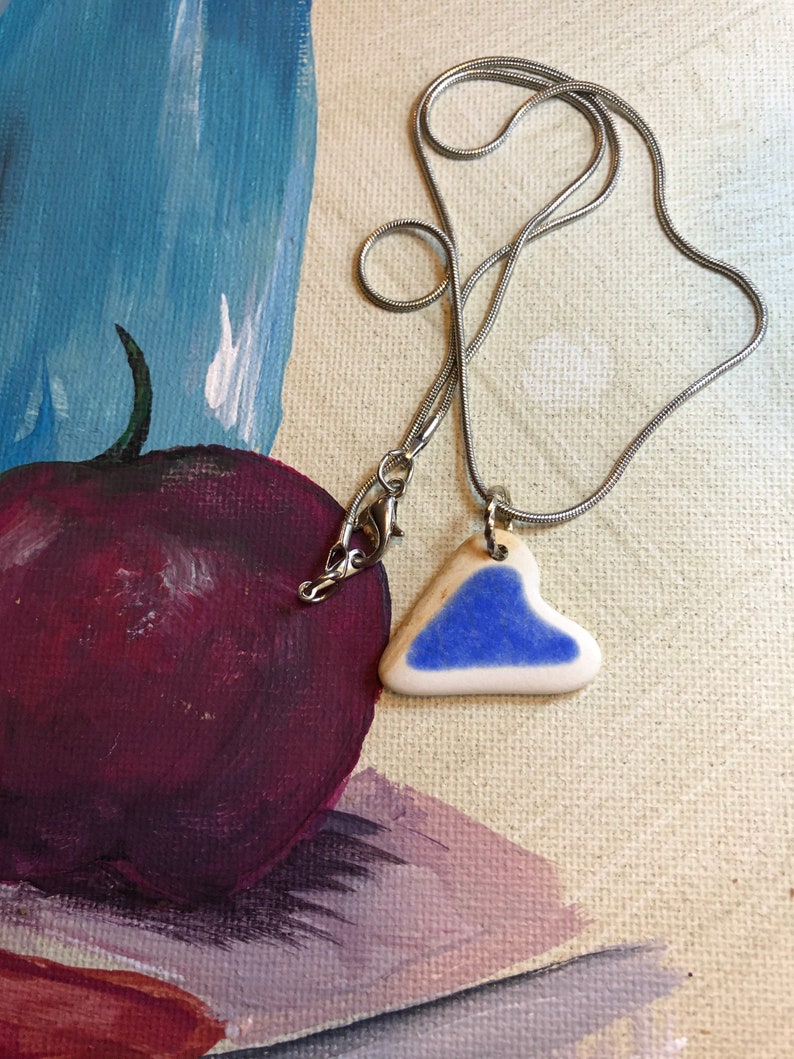 one of a kind Heart sea glass inspired blue and white tumbled pottery pendant beach pottery heart