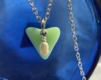 Jadeite Heart shaped green beachglass pendant with freshwater pearl, broken fireking china heart jewelry.  Handmade seaglass heart necklace.