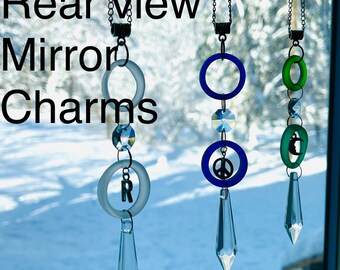 car mirror hanger seaglass & sparkly crystals. Peace sign, moon or personalize with your Initial.  Car jewelry,mirror ornament, sun catcher