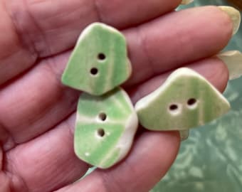 artisan buttons, celery green sea pottery inspired buttons, accent for summer coverup, purses, craft, broken china buttons set of 3