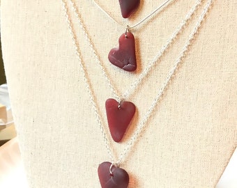 Ruby Red Heart shaped beachglass pendant, dark red seaglass inspired vintage glass.  seaglass heart necklace. Gift idea for soulmate