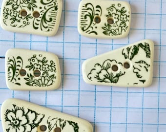 artisan buttons, floral green sea pottery inspired buttons, accent for summer coverup, purses, craft, broken china buttons. Seamstress gift
