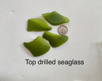 Pre drilled olive green seaglass diy, make your own pendants, necklace, craft with this vintage beverage bottle glass. Drilled beach glass.
