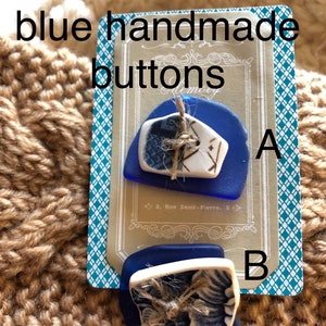 Blue handmade sea pottery with seaglass stacked button set, lovely accent piece for knit, purses & craft, broken china buttons.  One set.