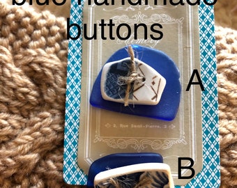 Blue handmade sea pottery with seaglass stacked button set, lovely accent piece for knit, purses & craft, broken china buttons.  One set.