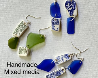 beachglass and broken china earrings mismatched, asymmetrical drop earrings. seaglass