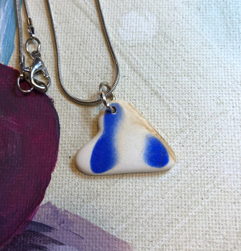 one of a kind Heart sea glass inspired blue and white tumbled pottery pendant beach pottery heart