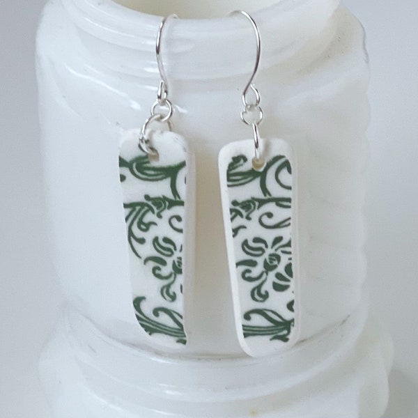 seaglass style earrings vintage olive green and white floral transferware broken china