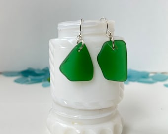 seaglass style emerald green tumbled beachglass inspired earrings mermaids tears. Handmade jewelry