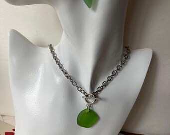 Sea glass toggle charm necklace. Silver toggle & chunky punk chain.  Beautiful charm in your choice of blue, green, red, seafoam aqua glass