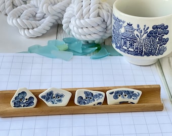 sea pottery inspired button set, blue and white rescued transferware china, broken china.  Handmade buttons. Seamstress gift.
