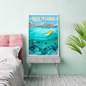 May include: A colorful illustration of Siete Pecados, Coron, Philippines. The image shows a boat with a yellow outrigger floating above a turquoise blue ocean. The ocean floor is visible with coral reefs and colorful fish.