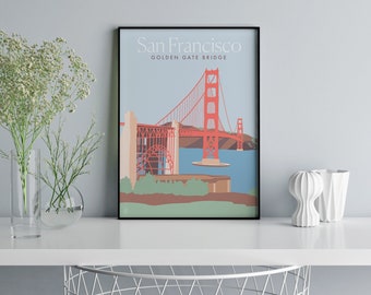 May include: A minimalist poster with a black frame featuring a red silhouette of the Golden Gate Bridge in San Francisco. The text "San Francisco" and "Golden Gate Bridge" is printed in white at the top of the poster.