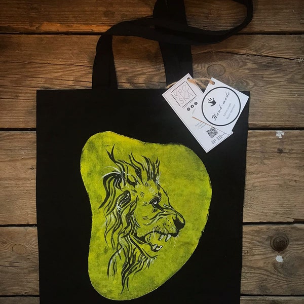 Lion fabric bag, hand-painted, Shopping bag, Jute bag, Accessories, Lion, Art bag, Cute handbag