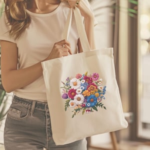 Gesticktes Wildblumen-Blumenstrauß-Bild-Einkaufstasche, Umhängetasche aus Segeltuch mit Blumenmuster, wiederverwendbare umweltfreundliche Handtasche