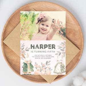 Bunny 5th Birthday Photo Invitation: Girls Party (Instant Download)