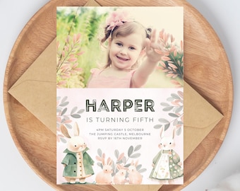 Bunny 5th Birthday Photo Invitation: Girls Party (Instant Download)