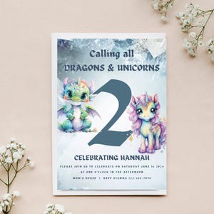 Unicorn and dragon INSTANT DOWNLOAD, enchanted Party, magical unicorn, boy and girl party invitation,canva invite template,2nd birthday,1050