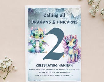 Unicorn & Dragon 2nd Birthday Invitation: Magical Party (Canva Template - Digital Download)