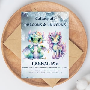 Unicorn and dragon INSTANT DOWNLOAD, enchanted dragon Party, magical unicorn, boy and girl party invitation, canva invite template