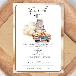 College Send Off Party Invitation: Trunk Party, Vintage Car (Digital Download)