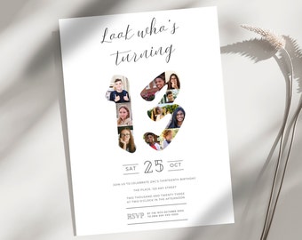 Minimalist 13th Birthday Invitation Template: Photo Collage (Instant Download)