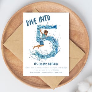 May include: A birthday invitation featuring the words "DIVE INTO" above a large number 5 formed by water. A boy is jumping into the water. The text "IT'S LOGAN'S BIRTHDAY" is below the number, with event details.