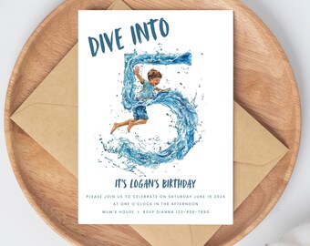 Pool Party 5th Birthday Invitation: Dive Into Five, Editable Canva Template (Digital Download