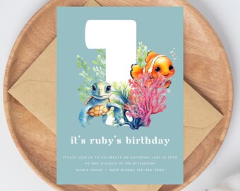 Invito per il primo compleanno "Sotto il mare": modello Canva modificabile (download digitale)