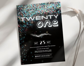 Plantilla de invitación para 21 cumpleaños: Diseño de confeti azul (DIY Canva, descarga instantánea)