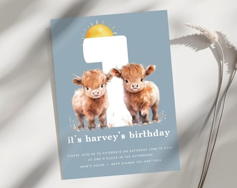 Highland Cow INSTANT DOWNLOAD birthday invitation, 1st birthday invitation, birthday invite, editable canva template, first birthday
