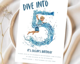Fifth birthday INSTANT DOWNLOAD, Dive into five, 5th birthday invitation, blonde boy birthday invite, editable canva template,1103