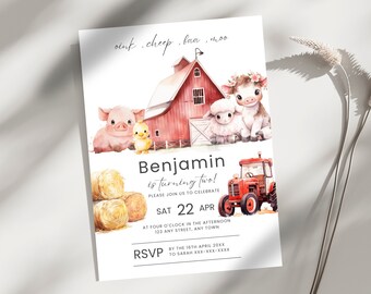 Boy's Farm Animals Birthday Invitation: Barnyard Theme (Editable Template)