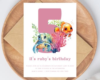 Fifth birthday editable INSTANT DOWNLOAD, under the sea theme, 5th birthday invitation, birthday invite, editable canva, ocean baby