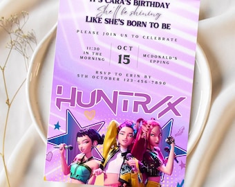 May include: A purple birthday invitation with the text "IT'S CARA'S BIRTHDAY" and "HUNTRAX". The invitation includes the date "OCT 15" and the time "11:30 in the morning". Three animated figures are featured on the invitation.