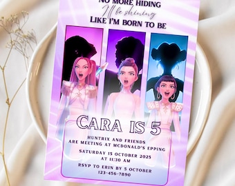 May include: A lavender party invitation with three cartoon figures. The text reads "NO MORE HIDING I'll be shining LIKE I'M BORN TO BE" and "CARA IS 5". It includes event details: Huntrix and friends meeting at McDonald's on October 15, 2025.