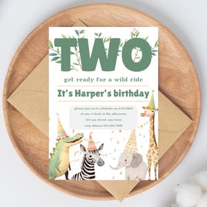 Two Wild Safari Birthday Invitation: Jungle Animals (Instant Download)