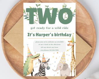 Two Wild Safari Birthday Invitation: Jungle Animals (Instant Download)