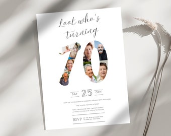Plantilla minimalista de invitación para 70 cumpleaños: Collage de fotos (descarga instantánea)