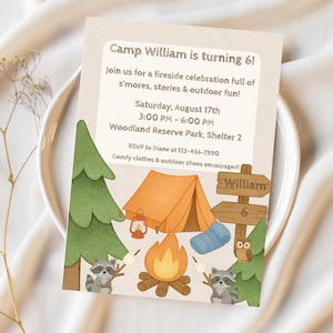 Modèle modifiable d'invitation d'anniversaire de camping | Invitation fête d'enfants sur le thème du camp | S'more Fun Outdoor imprimable | Invitation de tente DIY, 1111