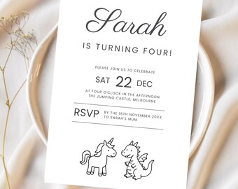 Minimalist Unicorn and Dragon Birthday Invitation: Magical Party (Canva Template - Digital Download)