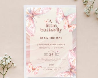 Uitnodiging babyshower roze vlinder: bewerkbare sjabloon (digitale download)
