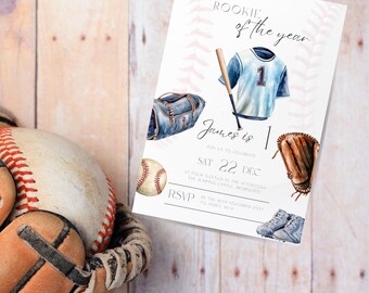 Editable Rookie Year Baseball First Birthday Invitation - Digital Template - Sports 1st Birthday Invite