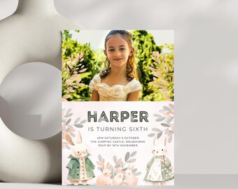 Kaninchen 6. Geburtstag Fotoeinladung: Girls Party (Instant Download)