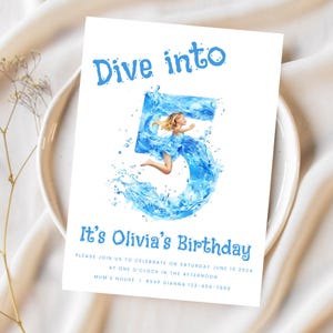 Fifth birthday INSTANT DOWNLOAD, Dive into five, 5th birthday invitation, girl birthday invite, editable canva template,1086