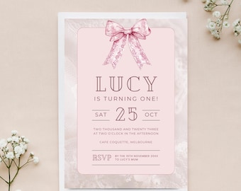 Coquette Pink Bow Birthday Invitation: Editable Canva Template (Digital Download)