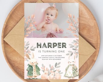 Bunny 1st Birthday Invitation: Girl's Photo Party (Instant Download)