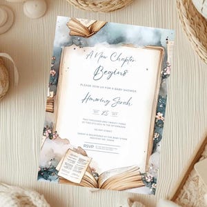 Een nieuw hoofdstuk begint binnenkort boek uitnodigingskaart babyshower, bibliotheek verhalenboek thema uitnodiging, boeken voor baby, canvas sjabloon, 1020